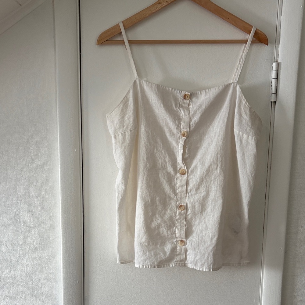 Linen Blend Cream Button-Down Women's Top